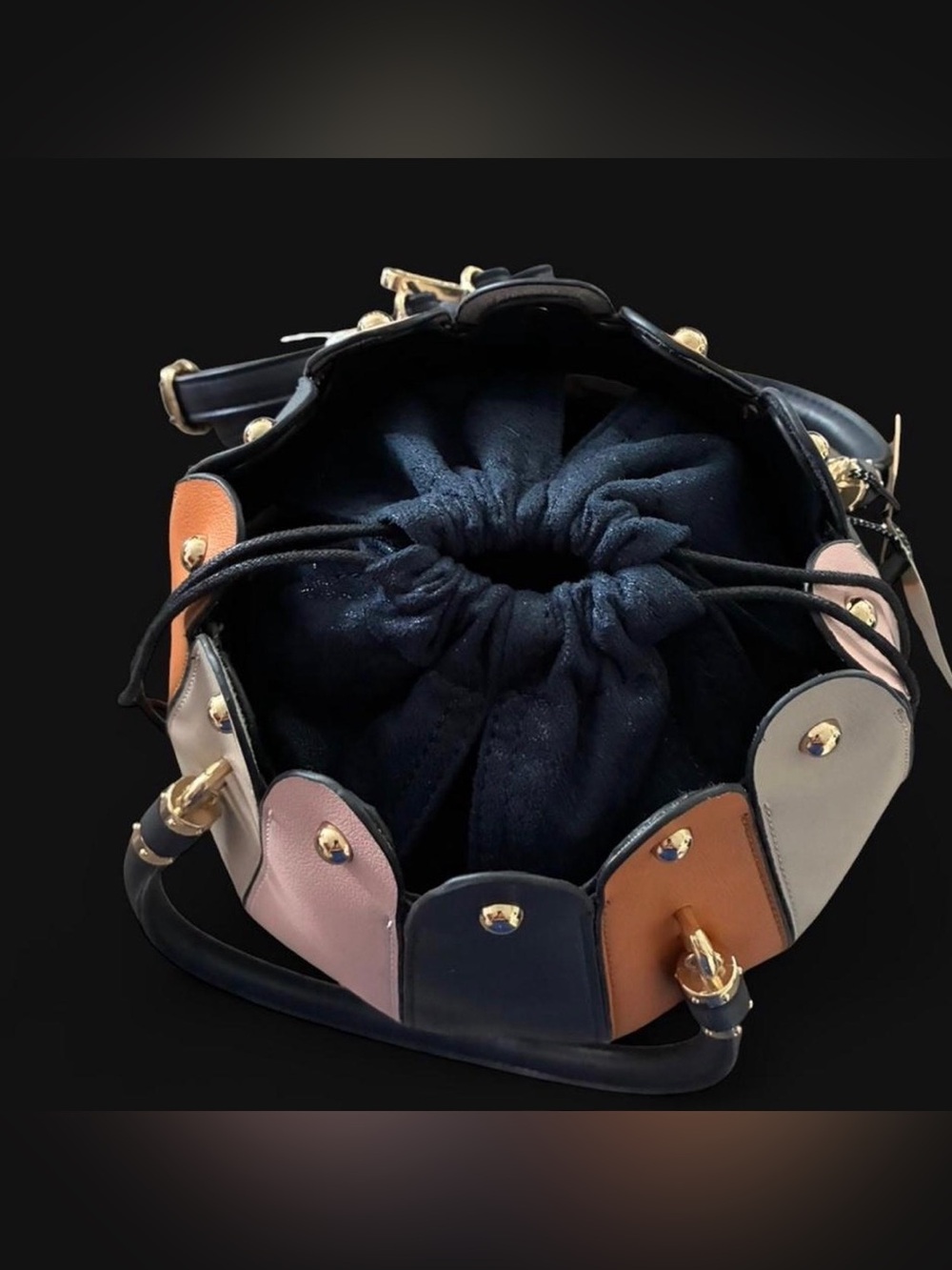 Multitone Scalloped Leather Drawstring Shoulder Bag - Navy, Pink, Tan, Cream